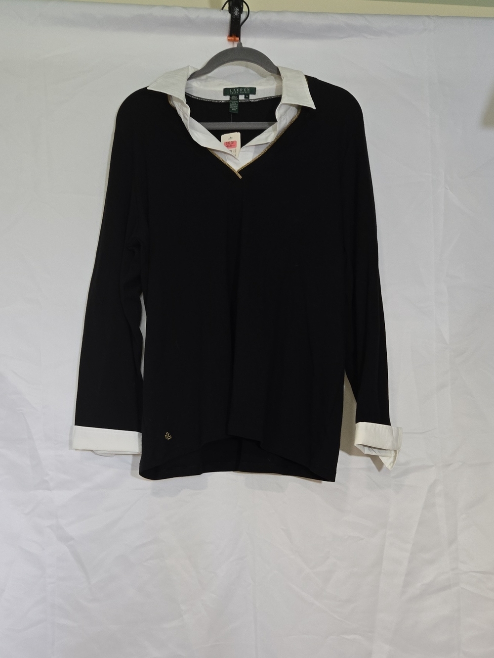 Ralph Lauren Black Knit Button-Down Style Top with White Collar